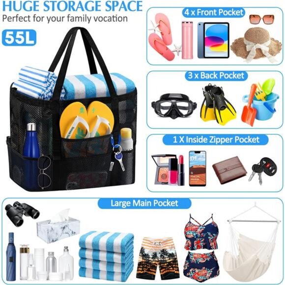 Mesh Beach Bag Tote Bag for Women,Foldable Swim Large Beach Tote Bag with Zipper - Picture 3 of 7